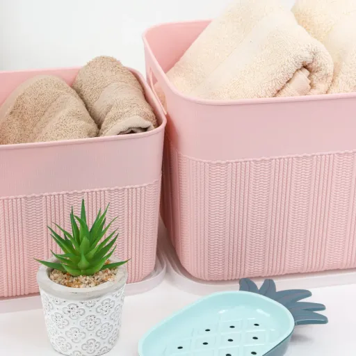 Set 2 Keranjang Serbaguna Garis Timbul Warna Pink